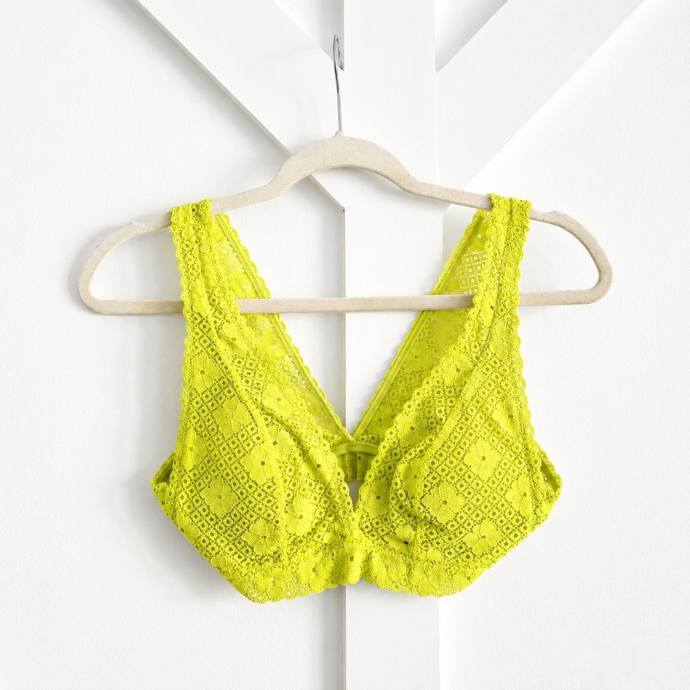 Aerie Bralette Women Small Neon Lime Green Lace Floral Wireless Plunge‎ Boho